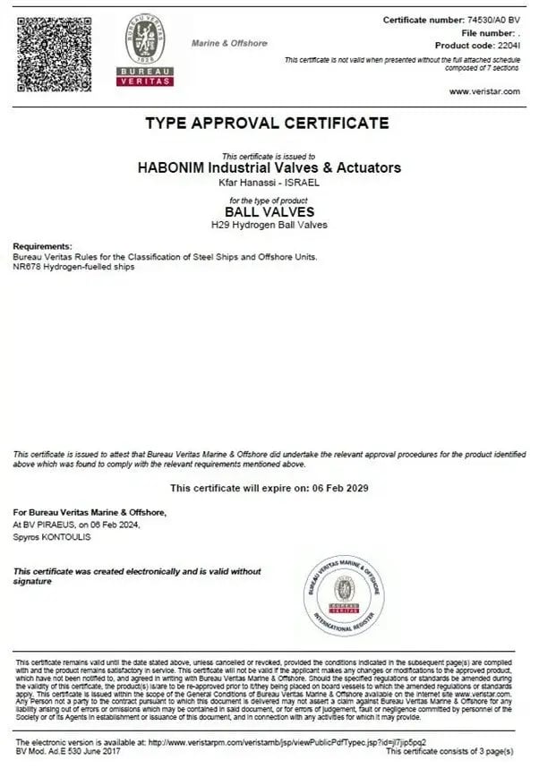 Habonim valves approval certificate